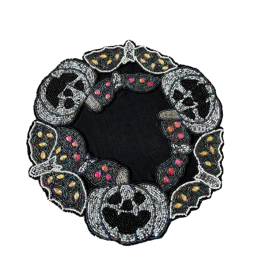 Tahari Halloween Beaded Placemat 15in BATS PUMPKINS Spooky Sparkle NEW - Picture 10 of 10